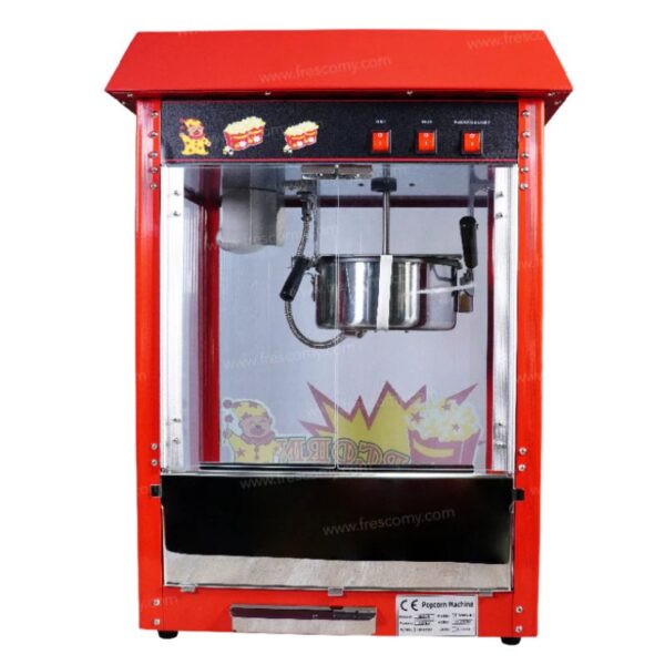 Popcorn Machine Electric Commercial with Roof Top FET-POP6A in red, featuring a stainless steel kettle, transparent front panel, and convenient control buttons on top.