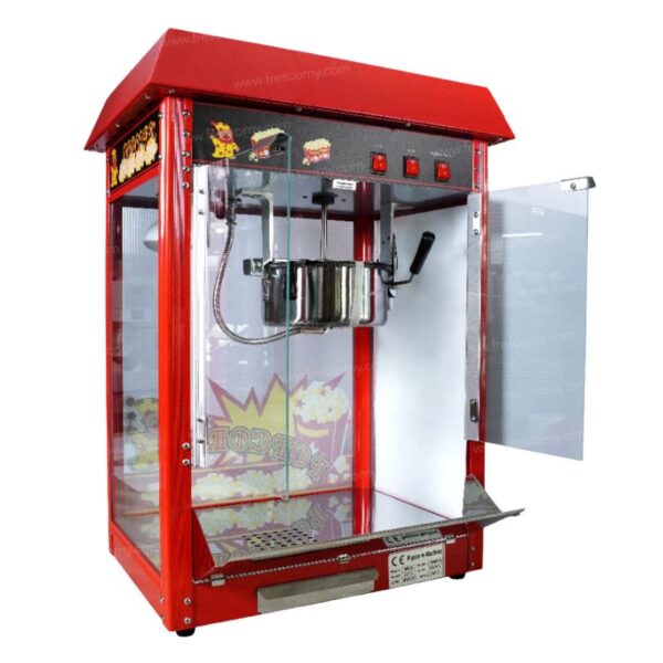 The Popcorn Machine Electric Commercial with Roof Top FET-POP6A has a red body, transparent enclosure, metal kettle, and side door opening to an empty interior.