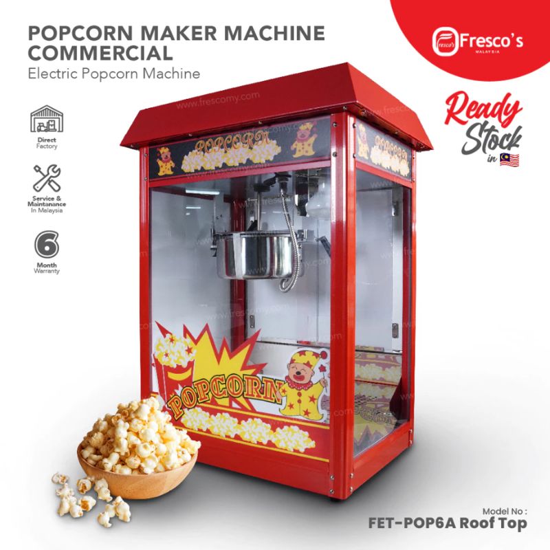 The Popcorn Machine Electric Commercial with Roof Top FET-POP6A features clear glass sides, a front popcorn graphic, and is ideal for making delicious popcorn at events or concession stands.