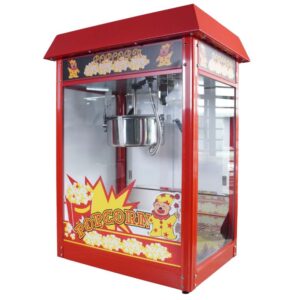 The Popcorn Machine Electric Commercial with Roof Top FET-POP6A features glass panels, a metal kettle, and popcorn-themed decorations—ideal for commercial use.