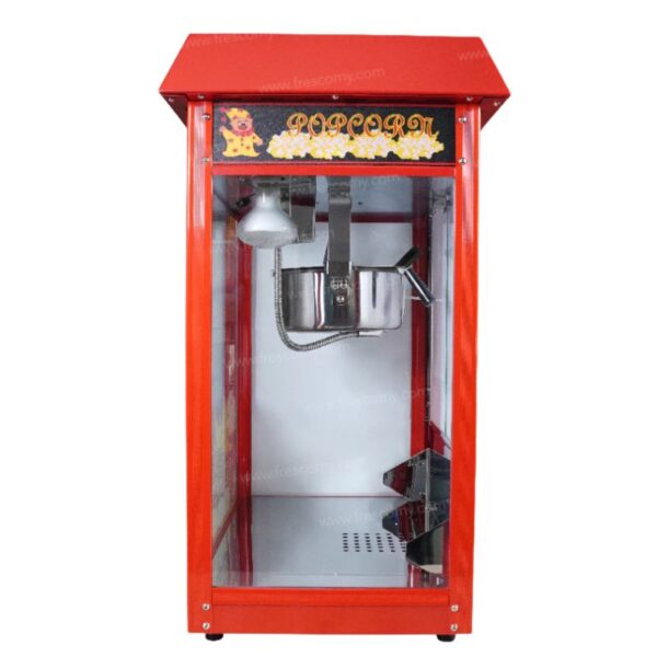 The Popcorn Machine Electric Commercial with Roof Top FET-POP6A features a glass front, durable metal kettle, and classic popcorn sign in red—ideal for theaters or parties.