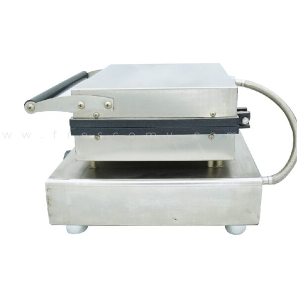 The Waffle Long Square Electric Machine FNP-515, made of stainless steel and shown from the front on a white background, features a handle and has a sleek industrial design similar to an electric sandwich press.