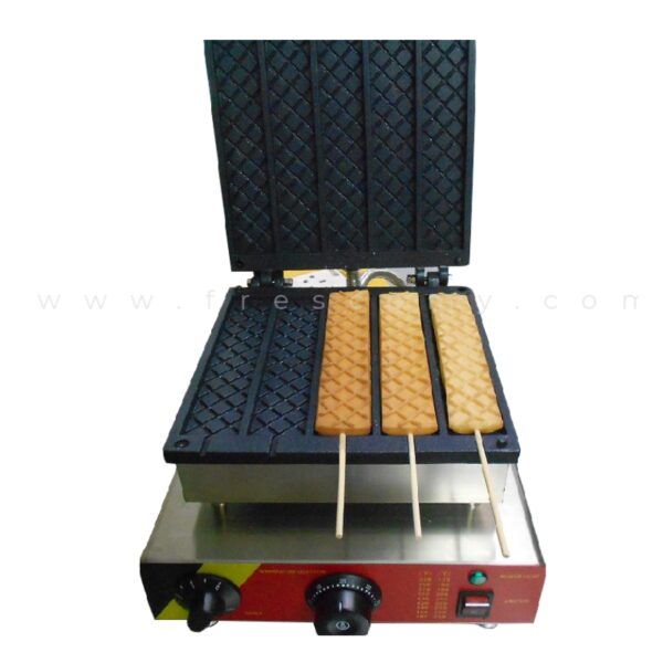 The Waffle Long Square Electric Machine FNP-515 is shown with its lid open, displaying three rectangular waffles on sticks cooking on the surface.
