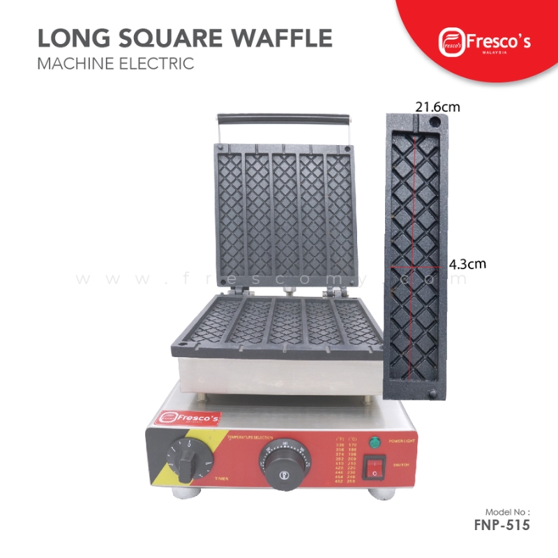 The Waffle Long Square Electric Machine FNP-515 features an open cooking plate with a classic grid and 21.6cm x 4.3cm dimensions, ideal for making delicious long square waffles.
