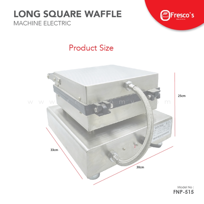 The Waffle Long Square Electric Machine FNP-515 features a stainless steel build and measures 33 cm x 30 cm x 25 cm—ideal for easily making delicious waffles.