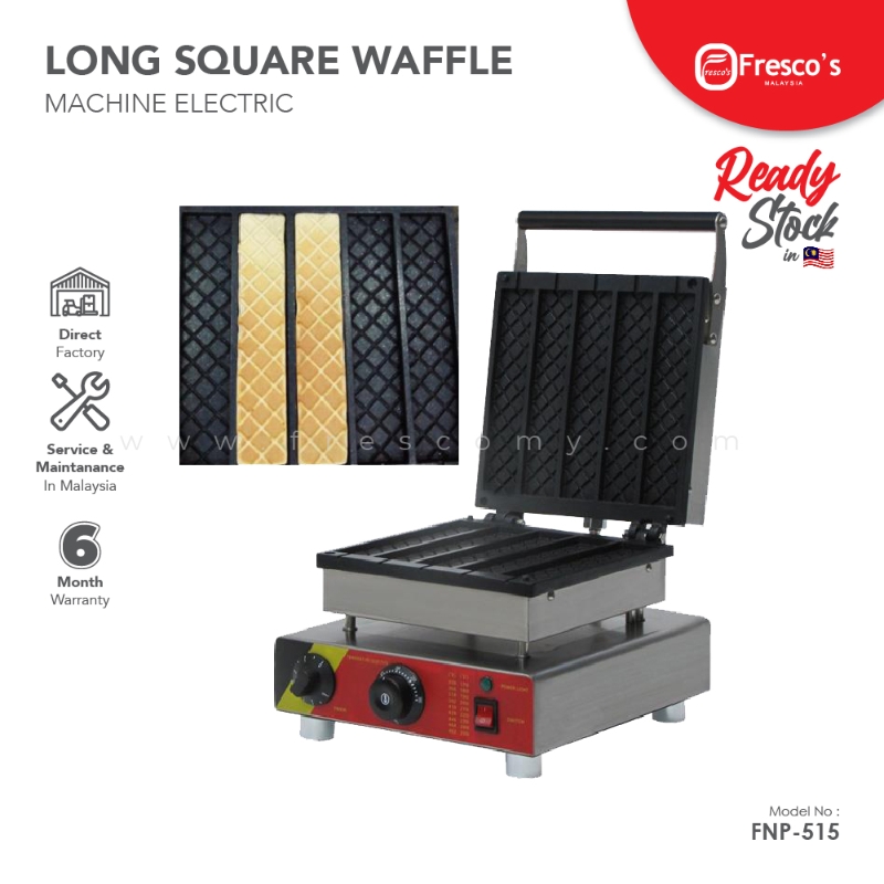 The Waffle Long Square Electric Machine FNP-515 features an open cooking plate, warranty info, and a waffle display—perfect for making delicious rectangular waffles.