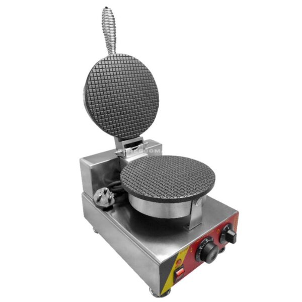 The Ice Cream Cone Single Waffle Machine Electric FNP-600 FR-1A is a stainless steel commercial waffle maker with a round, textured press and front control knobs—ideal for crafting delicious ice cream cones.