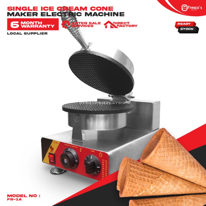 The Ice Cream Cone Single Waffle Machine Electric FNP-600 FR-1A features an open waffle press, intuitive control knobs, and displays freshly made cones on the side; product specs and features appear in the background.