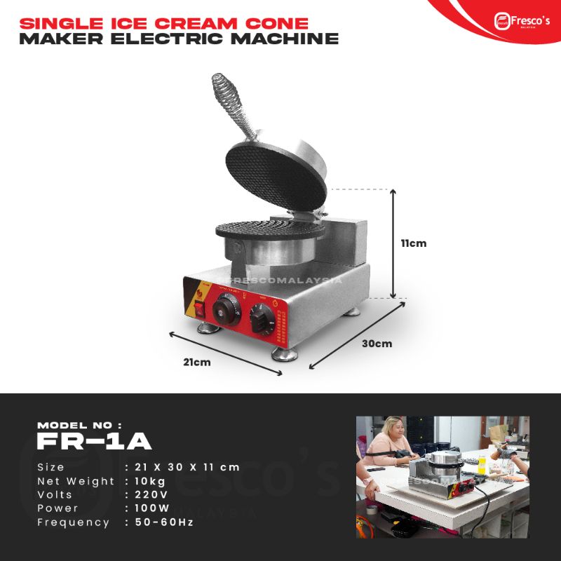 Ice Cream Cone Single Waffle Machine Electric FNP-600 FR-1A with open lid, control knobs, and handle; ideal for making ice cream cones. Product dimensions and specifications listed below.