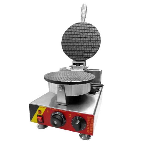 The Ice Cream Cone Single Waffle Machine Electric FNP-600 FR-1A features a round, patterned cooking surface, control knobs, and a front power switch for commercial use.