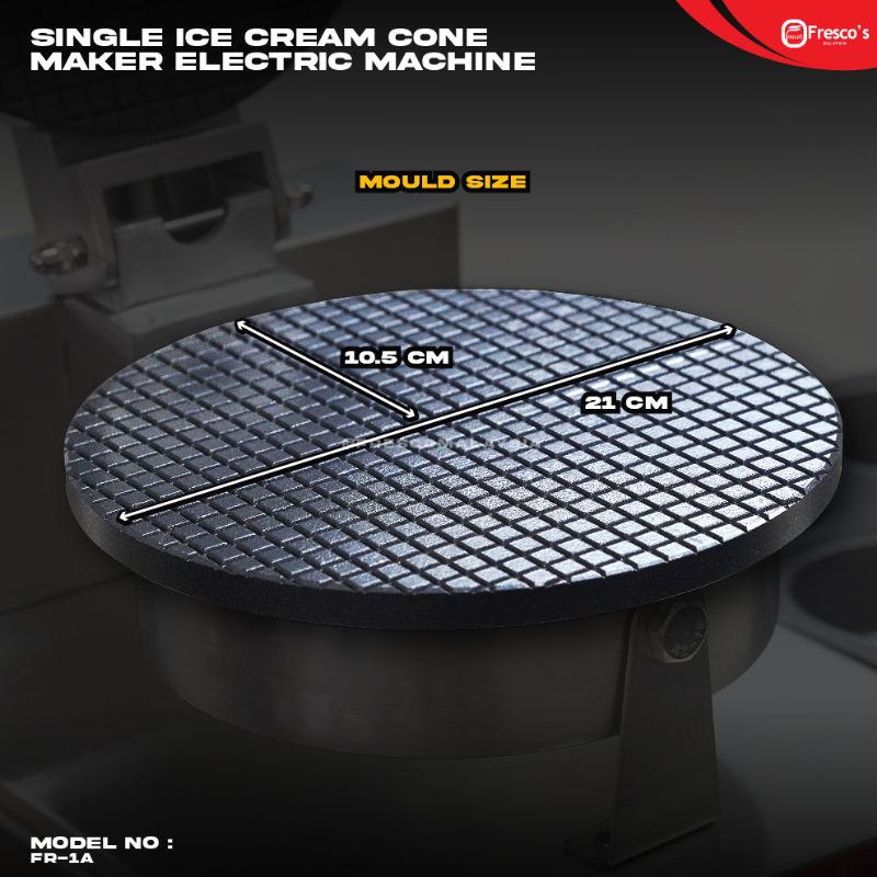 Close-up of a circular waffle mold plate for the Ice Cream Cone Single Waffle Machine Electric FNP-600 FR-1A, with 10.5 cm and 21 cm dimensions labeled on its surface.