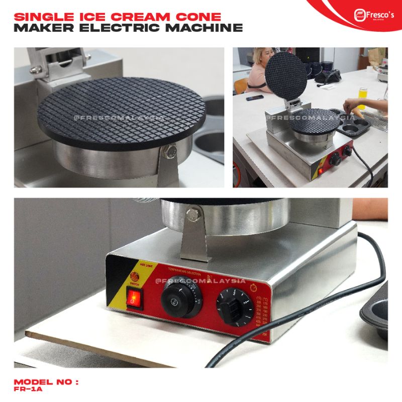 The Ice Cream Cone Single Waffle Machine Electric FNP-600 FR-1A features a round waffle plate, precise temperature and timer controls, and a durable stainless steel body, shown from multiple angles for a comprehensive view.