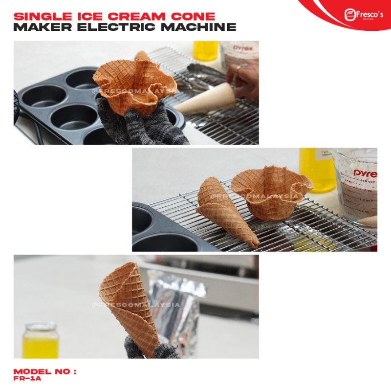Three images demonstrate the Ice Cream Cone Single Waffle Machine Electric FNP-600 FR-1A: placing a waffle disc on the machine, folding it with a metal mold, and shaping it into an ice cream cone.