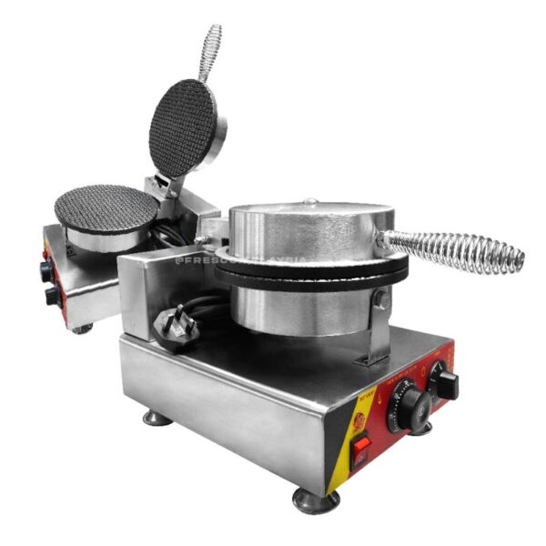 Ice Cream Cone Single Waffle Machine Electric FNP-600 FR-1A with stainless steel body, round cooking plates, adjustable temperature controls, and coiled handle, shown with the top plate open.