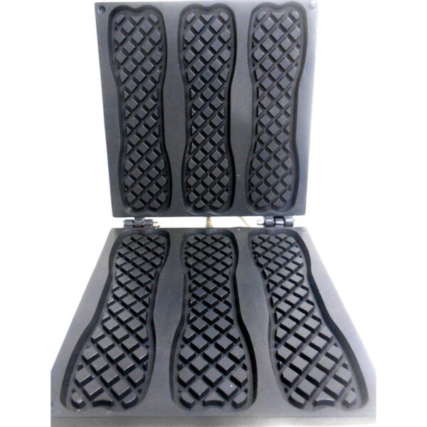 A black rubber mold for making four textured waffle pizza sticks, shown open with patterned cavities—designed for use with the Waffle Pizza Stick Electric Machine FNP-700.