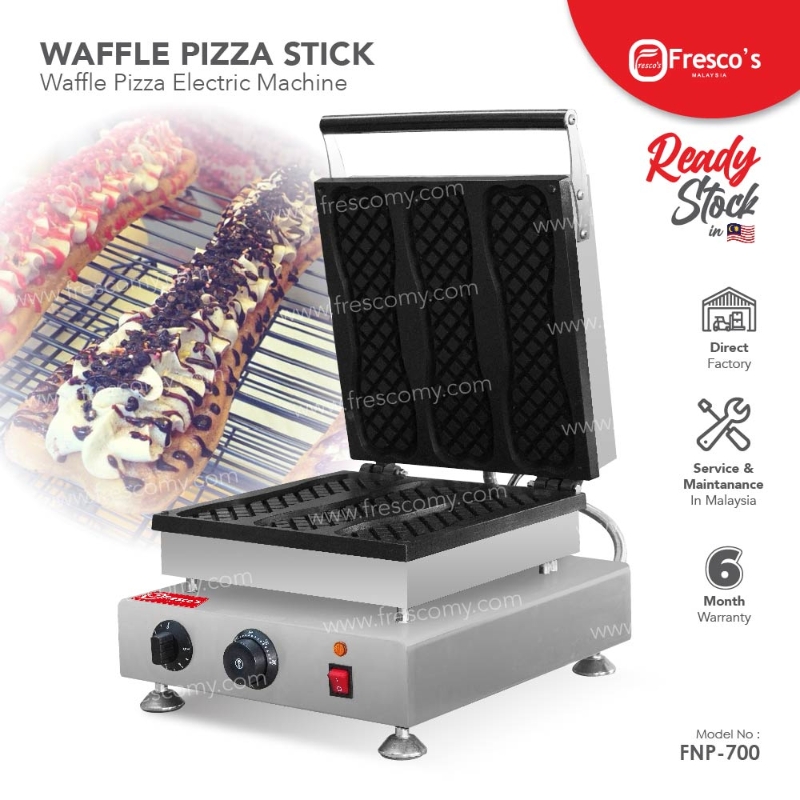 The Waffle Pizza Stick Electric Machine FNP-700 boasts an open cooking plate and convenient control knobs; tasty waffle pizza sticks made with this versatile machine are shown in the background.