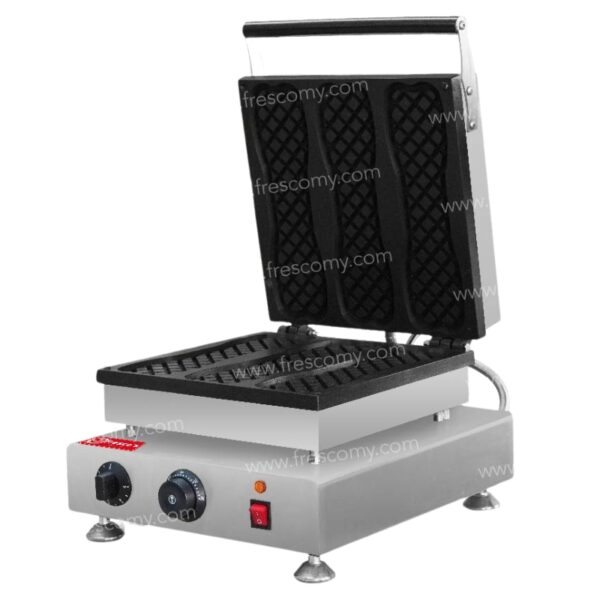 The Waffle Pizza Stick Electric Machine FNP-700 features a stainless steel base, open waffle plates, and front control knobs with a power switch—ideal for making classic waffles or creative treats like Waffle Pizza Sticks.