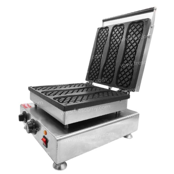 The Waffle Pizza Stick Electric Machine FNP-700 features a stainless steel body, three rectangular grid molds, a control knob, and an open top lid for making waffle pizza sticks.