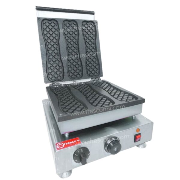 The Waffle Pizza Stick Electric Machine FNP-700 features an open lid displaying molds for elongated waffle pizza sticks, all mounted on a stainless steel base with control knobs and a power switch.