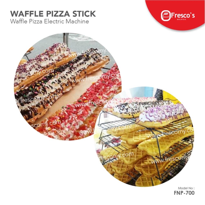 Waffle Pizza Stick creations with assorted toppings are showcased on metal racks, featuring finished and plain waffles made with the Waffle Pizza Stick Electric Machine FNP-700, along with visible product branding and details.