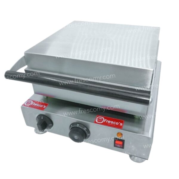 The Waffle Pizza Stick Electric Machine FNP-700 is a stainless steel commercial grill with temperature control knobs, indicator lights, and a front handle—ideal for making waffle pizza sticks and other snacks.