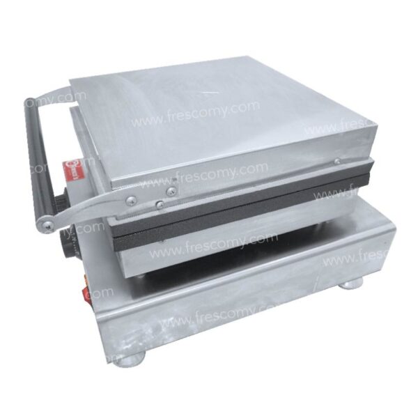 The Waffle Pizza Stick Electric Machine FNP-700 features flat heated plates, a hinged handle, and side control knob, making it a versatile stainless steel commercial press for sandwiches or waffle pizza stick creations.