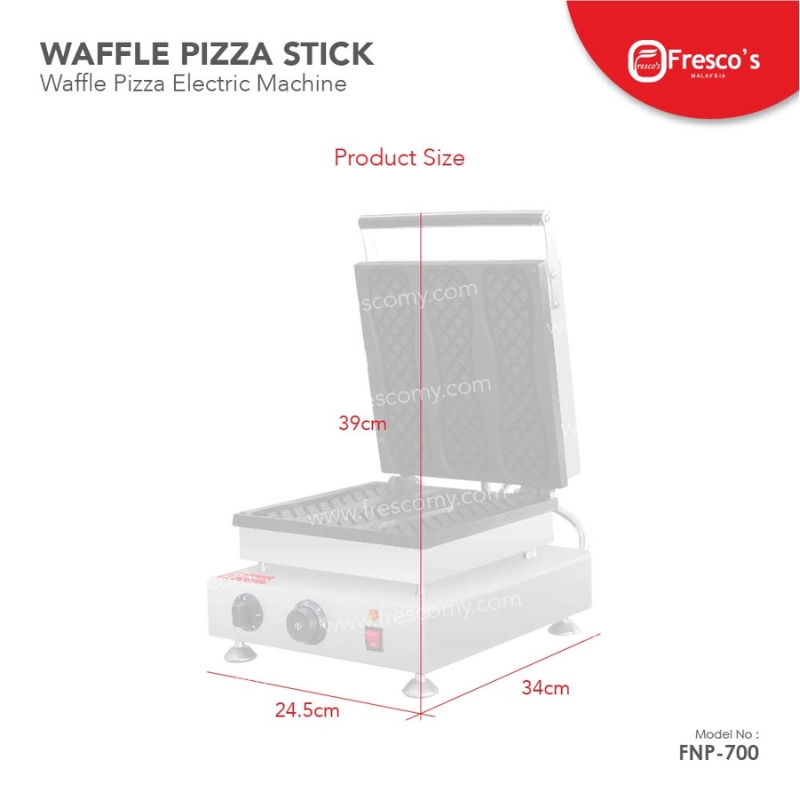 The Waffle Pizza Stick Electric Machine FNP-700 features open grill plates for tasty treats, with dimensions of 39cm (H) x 34cm (L) x 24.5cm (W). Model: FNP-700.