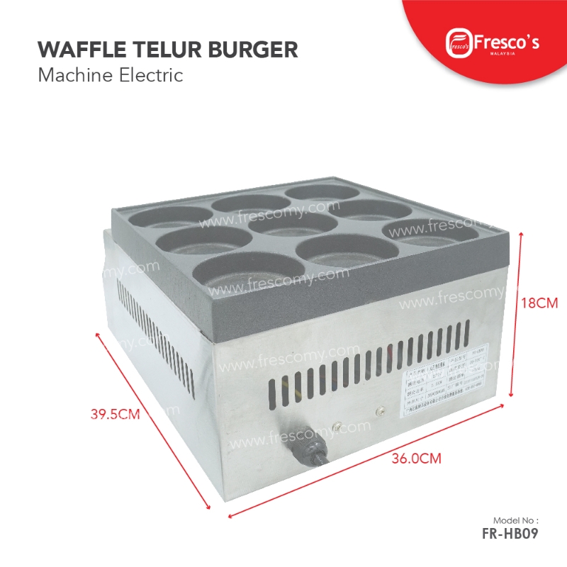 The Waffle Egg Burger Machine Electric FR-HB09 has six circular molds, a sturdy stainless steel body, and measures 39.5cm x 36cm x 18cm.