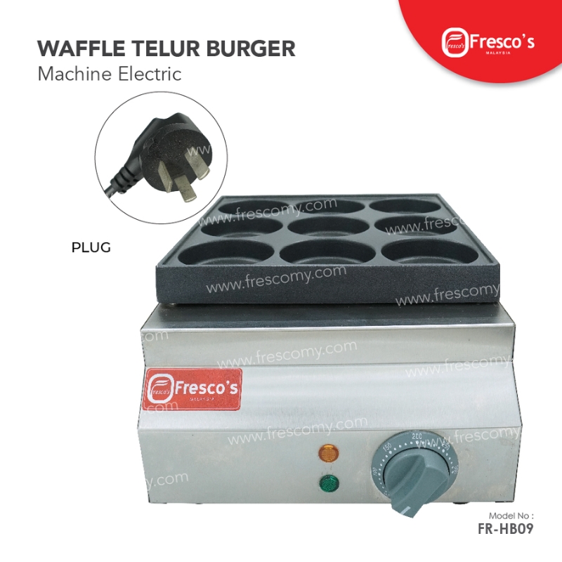 The Waffle Egg Burger Machine Electric FR-HB09 has six round molds, a temperature control knob, power plug, and Fresco branding—ideal for making quick and easy egg burgers.