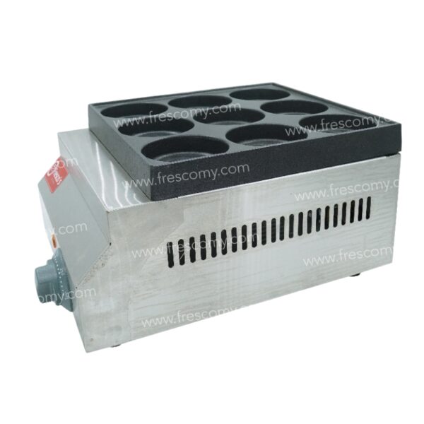 The Waffle Egg Burger Machine Electric FR-HB09 features a stainless steel body, black non-stick cooking plate with multiple round molds, and a front control knob; it also functions as an electric takoyaki maker.