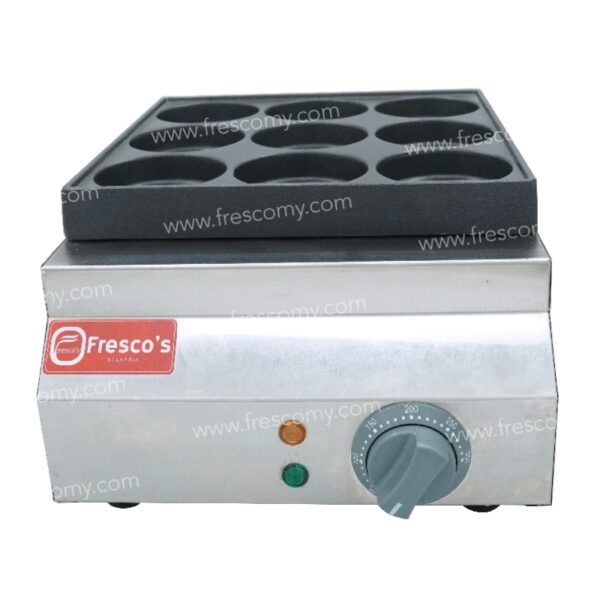 The Waffle Egg Burger Machine Electric FR-HB09 features a stainless steel body, black plate with circular molds, electric temperature control dial, indicator lights, and front "Fresco's" branding.