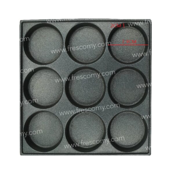 A black square baking mold with nine round compartments, each labeled 2 cm and 2.7 cm in red text, is perfect for the Waffle Egg Burger Machine Electric FR-HB09.