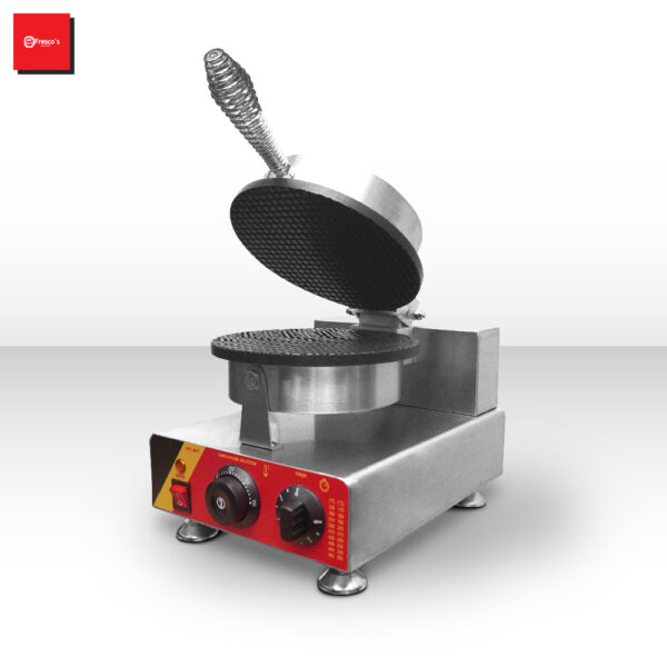 An open Ice Cream Cone Single Waffle Machine Electric with a round, textured cooking plate and control knobs at its base sits on a plain background.