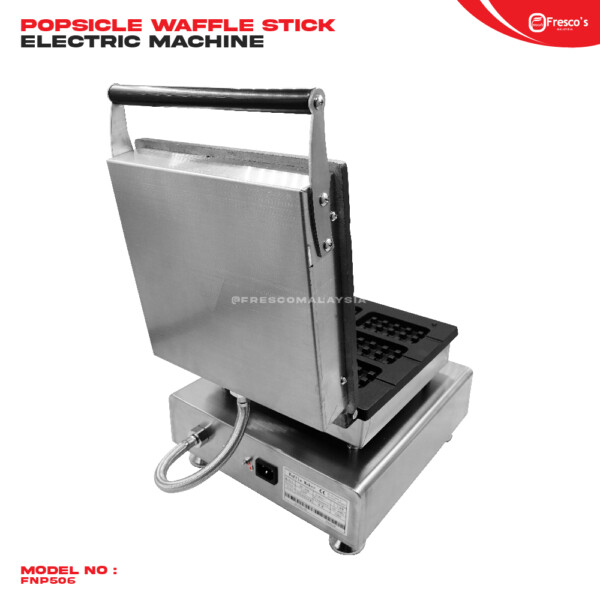 Image of a Rectangle Stick Waffle Machine Electric in an open position, displaying its cooking grids. The machine has a stainless steel body, a handle, and a power cord. Model number: FNP506.