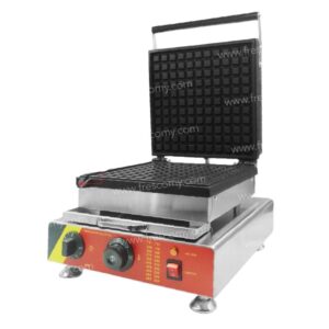 The FNP-482 Waffle / Croffle Square Maker Machine Deeper Size (Electric) displays its grid pattern on the cooking surfaces with an open lid. It includes control knobs and indicator lights on the base, making it easy to transform into a versatile croffle machine.