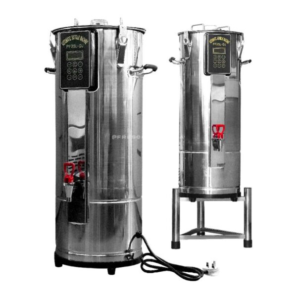 Two cylindrical stainless steel appliances with digital control panels for coffee brewing or storage, including the Commercial Soya Bean Machine Single Tank Mesin Proses Soya 25L, one of which is on a stand. Both are equipped with cords for electrical connection.