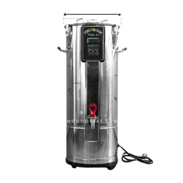 A Commercial Soya Bean Machine Single Tank Mesin Proses Soya 25L made of stainless steel, featuring a digital control panel, a red handle at the base, and an attached power cord.
