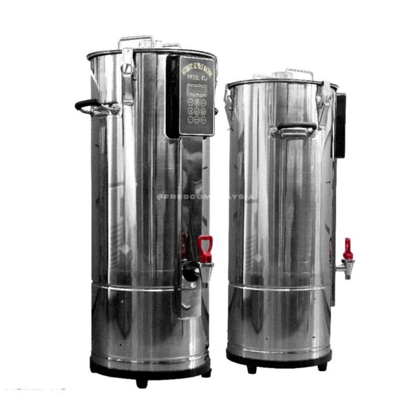 Two tall Commercial Soya Bean Machine Single Tank Mesin Proses Soya 25L units, featuring industrial stainless steel designs, digital control panels, and red spouts, are displayed against a white background.