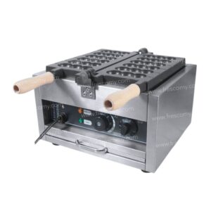 Commercial waffle ball stick maker with dual wooden handles, a stainless steel body, and control dials on the front panel.