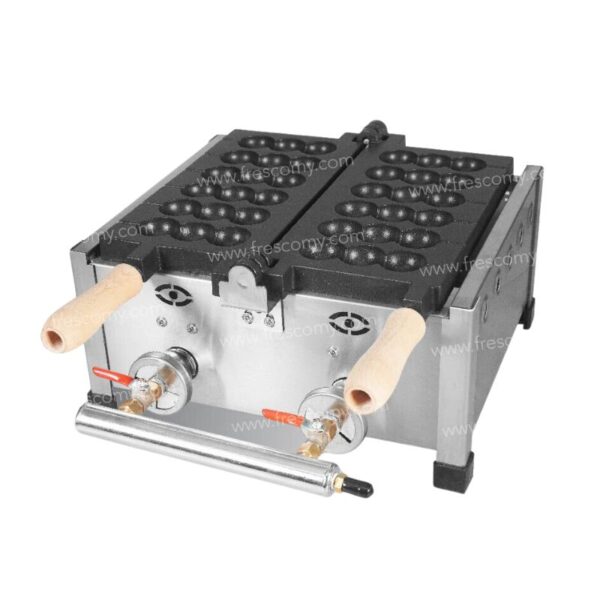 Commercial gas-powered waffle ball stick maker with triple mold capacity and wooden handles.