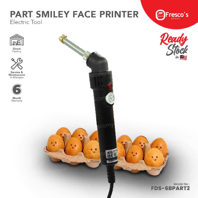 An electric Part Smiley Face Printer Tool is displayed, with a carton of eggs featuring smiley faces in the background.