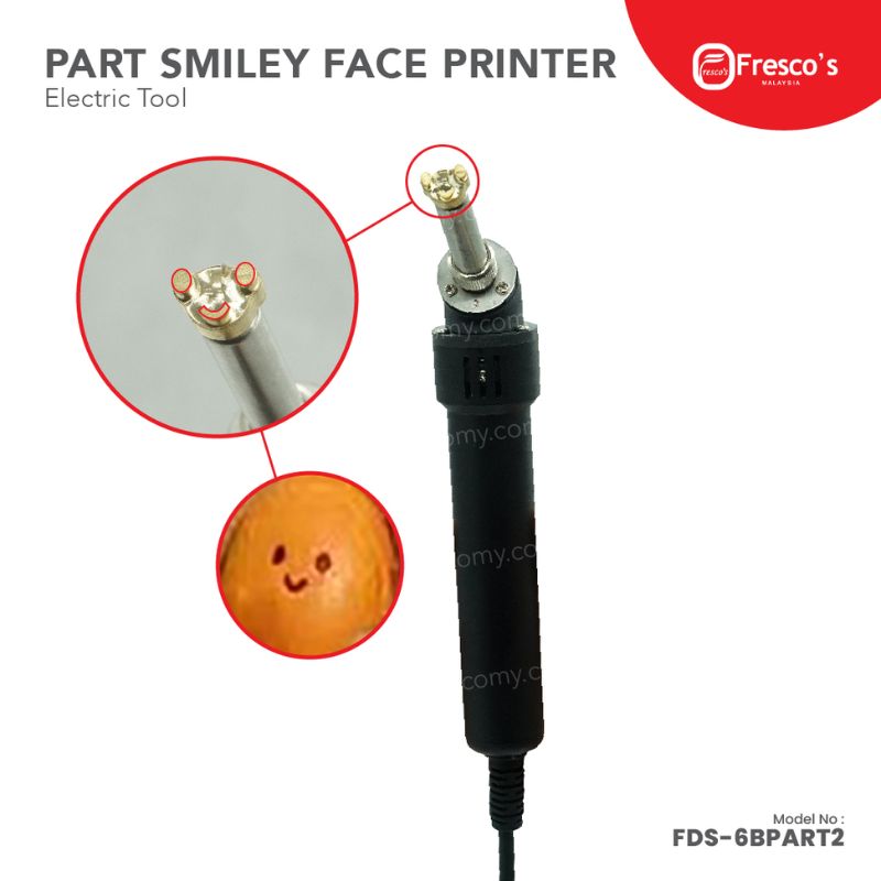 Electric tool labeled "Part Smiley Face Printer Tool Electric" with a close-up showing its smiley face imprint tip.