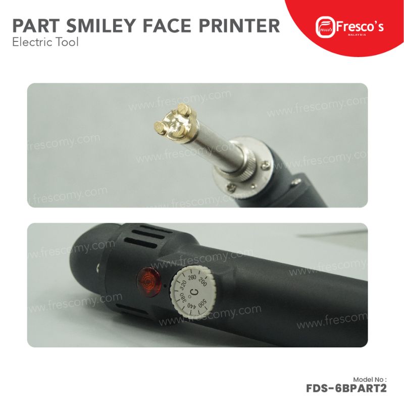 Close-up of a black Fresco's electric tool with a metal printing head and an adjustment dial, labeled "Part Smiley Face Printer Tool Electric.