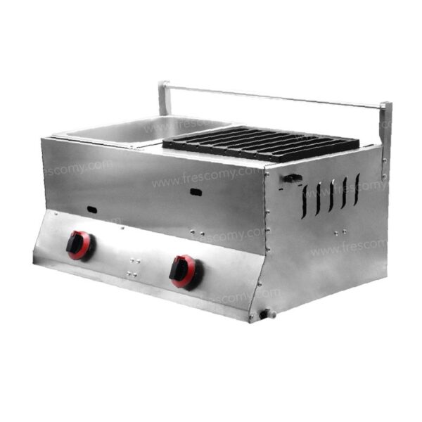 Teppanyaki grill with a stainless steel tabletop, featuring two red knobs and a grated cooking surface, combined with a gas-powered hotdog grill machine and deep fryer.