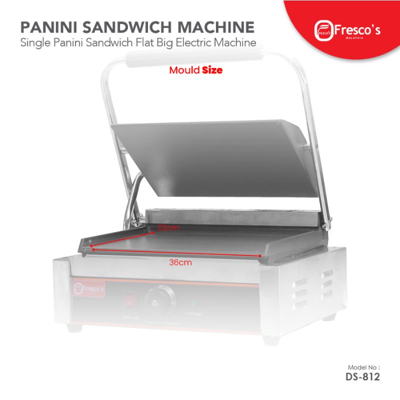The Commercial Grill Panini Sandwich Big Flat Single Electric Machine has an open lid, showcasing its large flat grill surface. The dimensions indicate a 26cm mold height and a 36cm width, with Model No. DS-812 and the brand logo positioned at the top right.