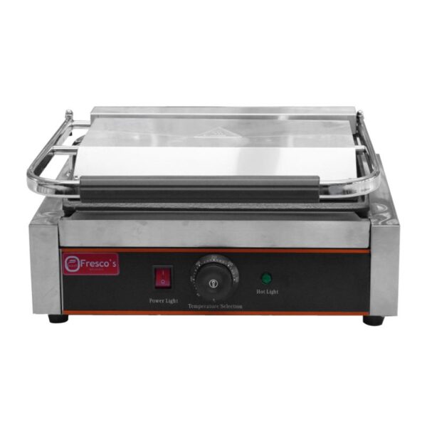 The Commercial Grill Panini Sandwich Big Flat Single Electric Machine boasts a sleek metal top plate, temperature control dial, and power indicator lights to ensure perfectly toasted creations every time.