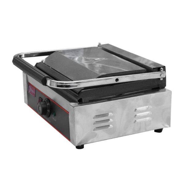 The Commercial Grill Panini Sandwich Big Flat Single Electric Machine, featuring a sleek silver and black design with a ridged cooking surface and front temperature control dial, ensures perfectly grilled sandwiches every time.