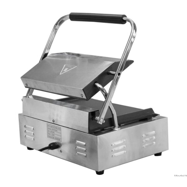A Commercial Grill Panini Sandwich Big Flat Single Electric Machine, featuring an open top design, showcases its non-stick grilling surfaces and side vents. The black handle complements its functionality, while the plugged-in power cord ensures it's ready for making a perfect large flat sandwich.