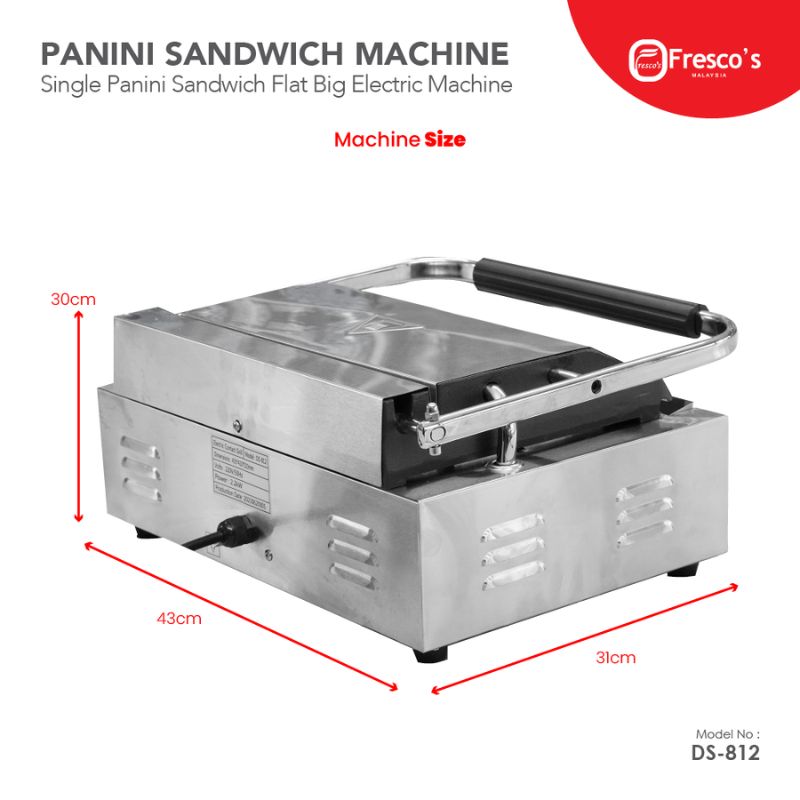 The Commercial Grill Panini Sandwich Big Flat Single Electric Machine is a stylish, electric panini maker with a stainless steel body, measuring 30cm in height, 43cm in width, and 31cm in depth. It's ideal for preparing single servings of perfectly toasted sandwiches.