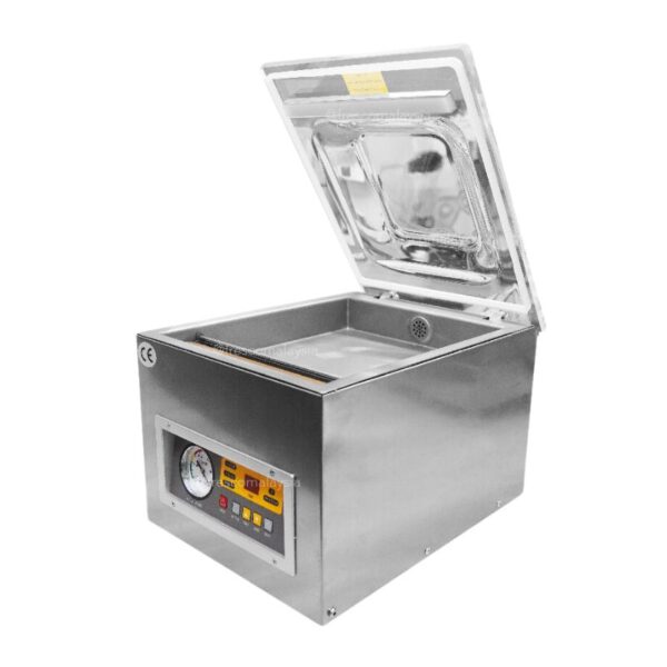 The Desktop Vacuum Sealing Packing Electric Machine features a stainless steel design with an open lid and a front-facing control panel.